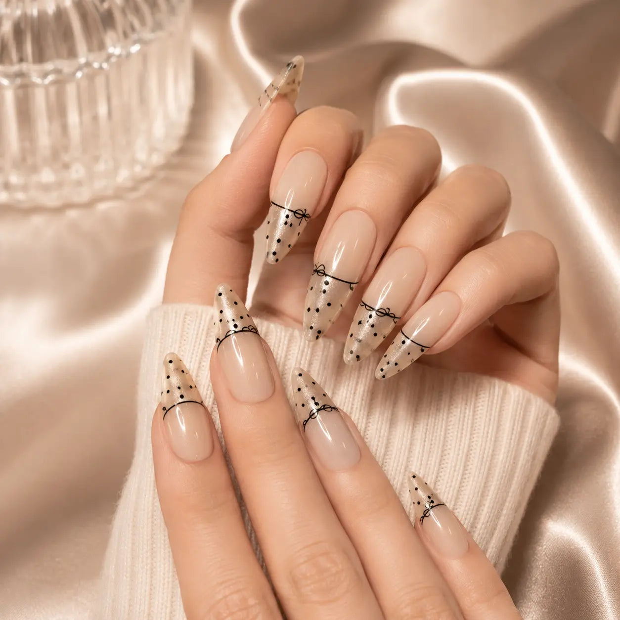 Pearl Polka Dot Bow Press-On Nails | Almond Shape