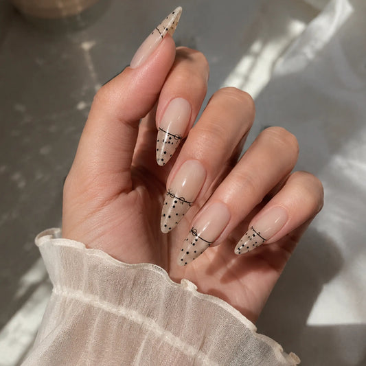 Pearl Polka Dot Bow Press-On Nails | Almond Shape